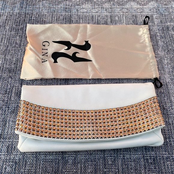 GINA Women Clutch Purse Bag White Leather Gold Tone Stud Wallet Made in Italy